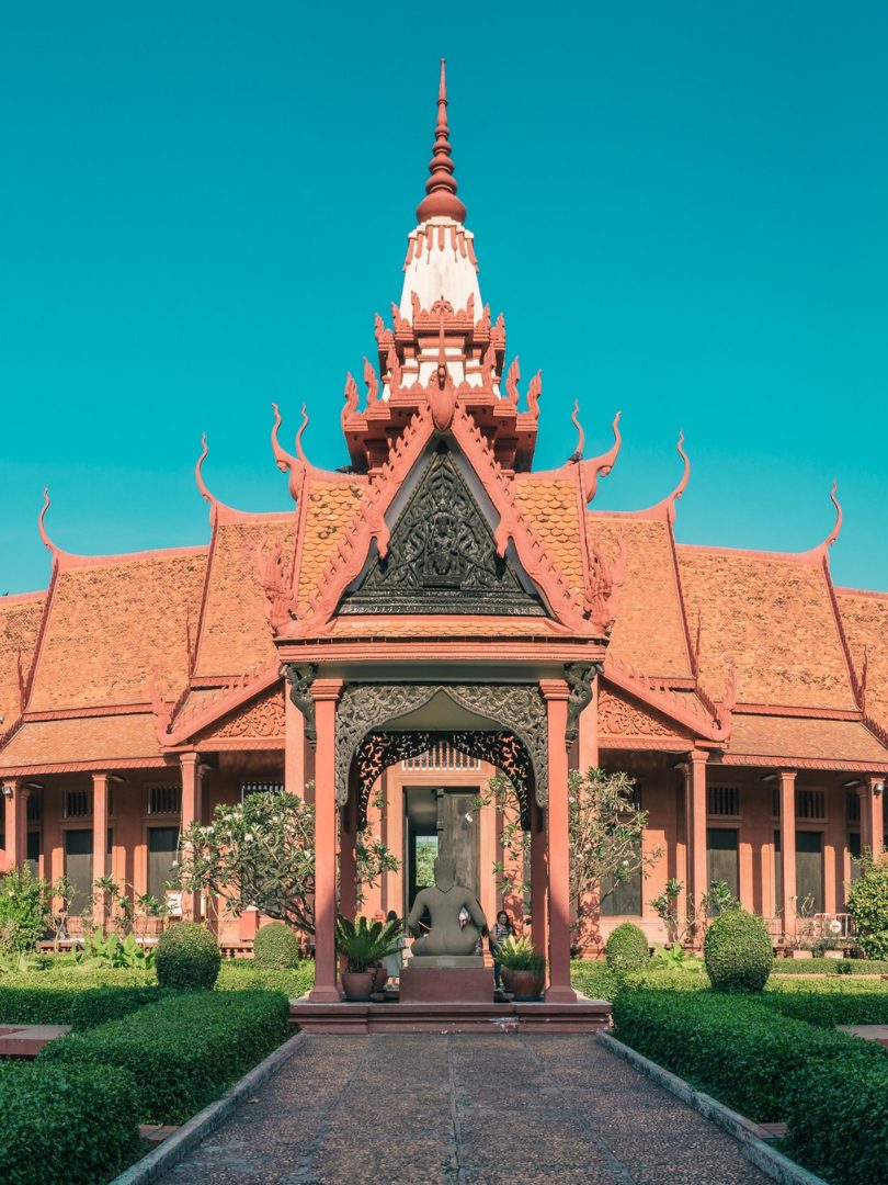 Red Khmer-style pavilions and courtyard garden of the National Museum of Cambodia, Phnom Penh